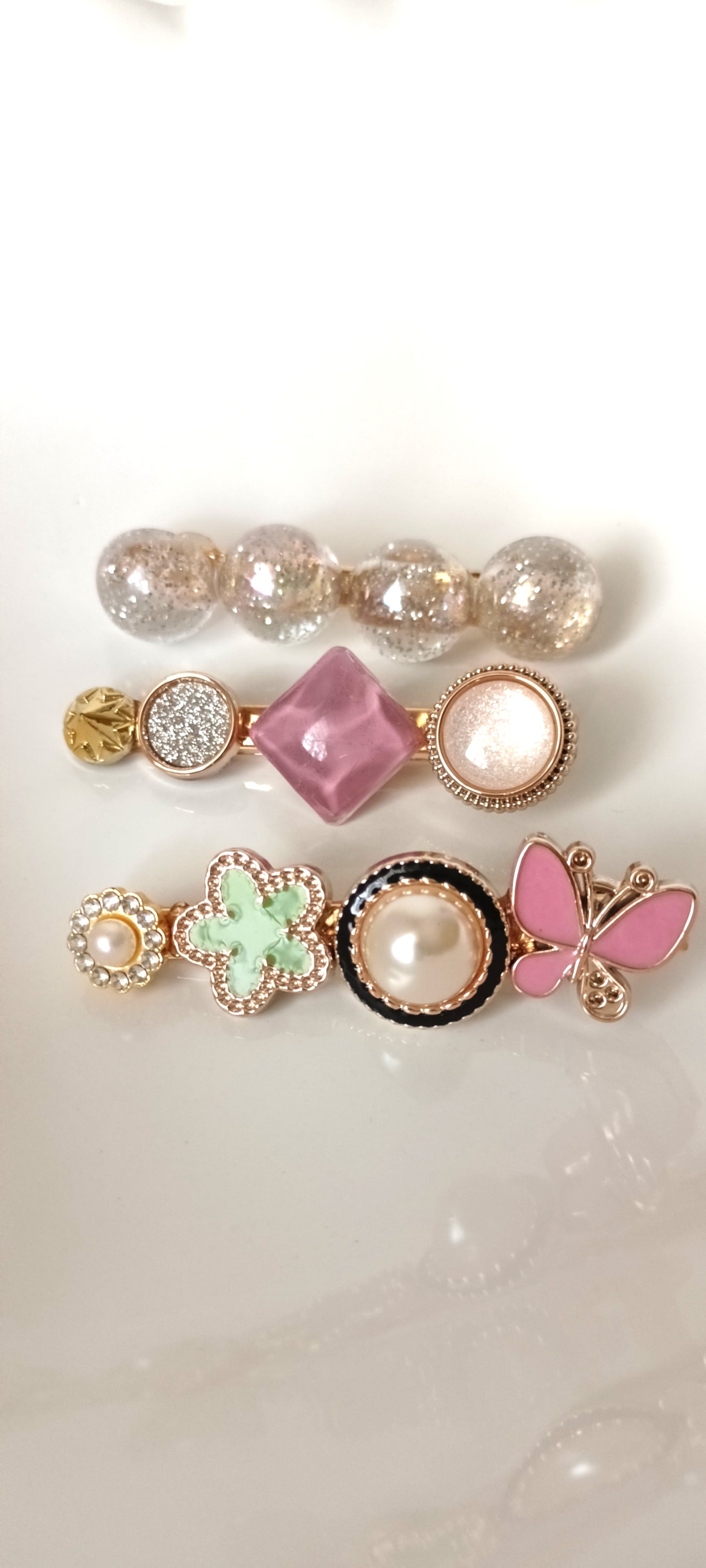Whimsical Pastel Embellished Hair Clip Set – Butterfly, Pearl & Glitter Beads