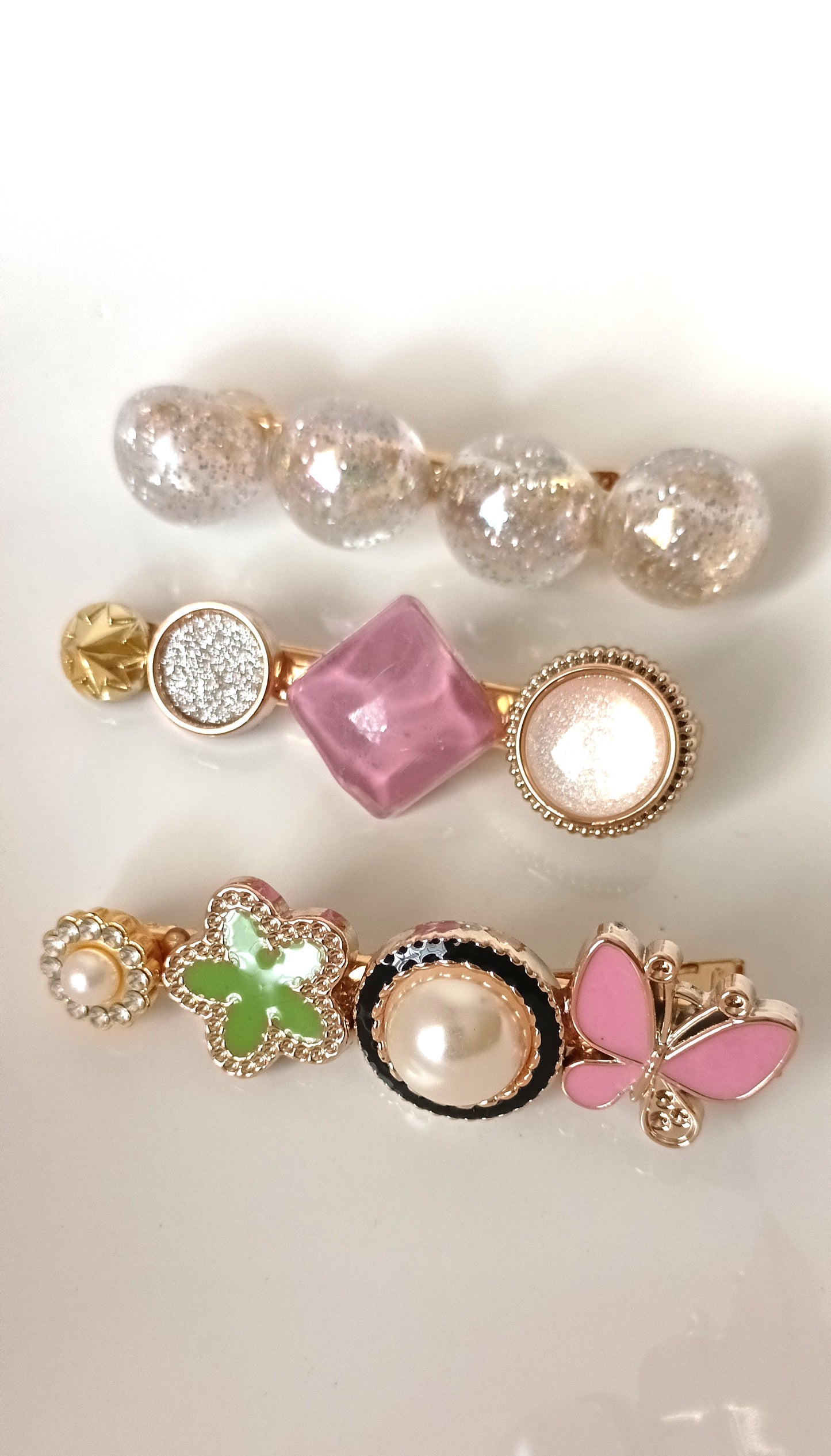 Whimsical Pastel Embellished Hair Clip Set – Butterfly, Pearl & Glitter Beads