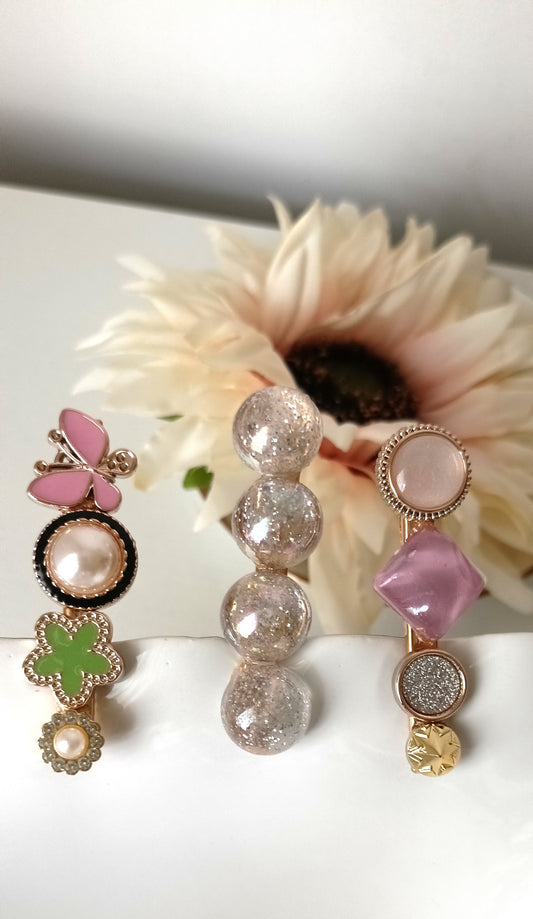 Whimsical Pastel Embellished Hair Clip Set – Butterfly, Pearl & Glitter Beads