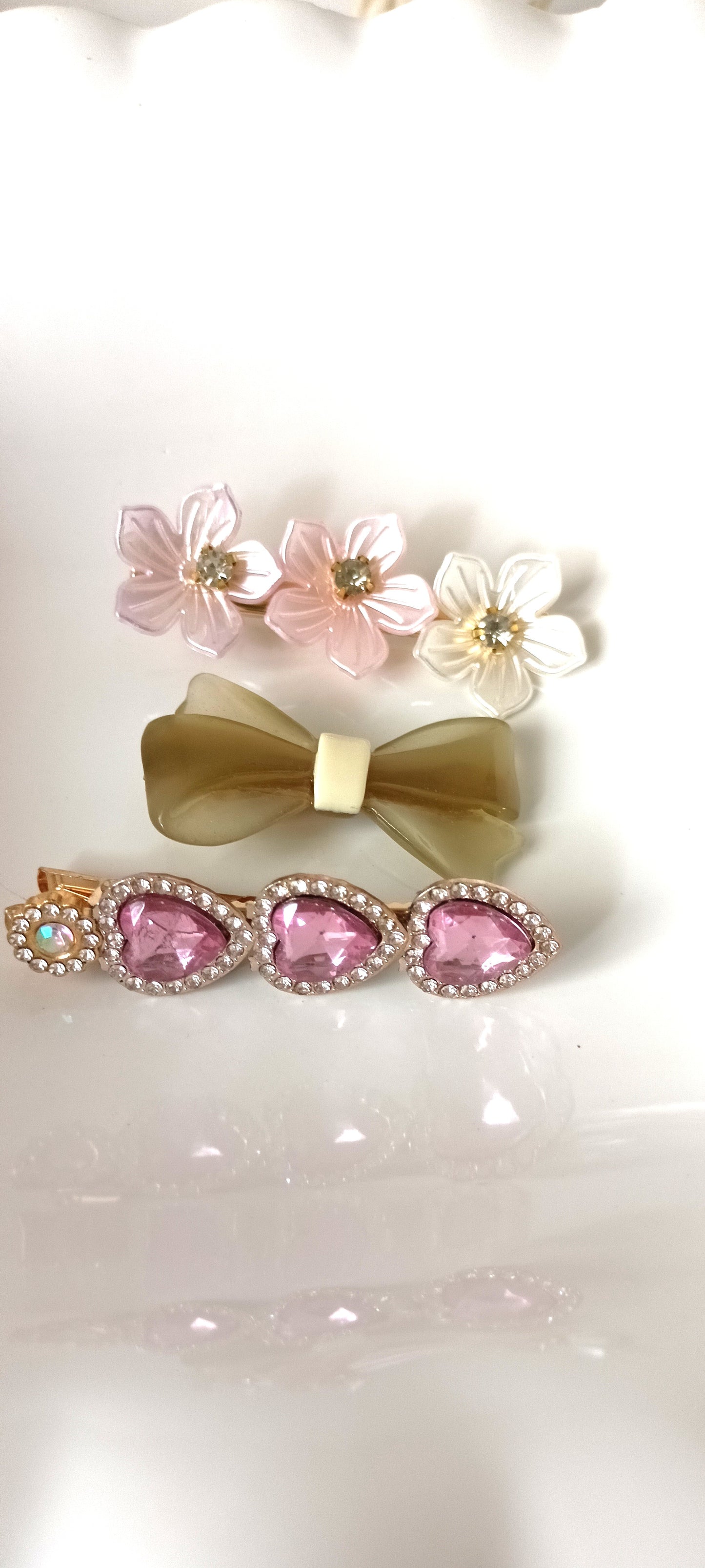 Pastel Blossom, Bow & Pink Heart Gem Hair Clip Set – Romantic Elegance