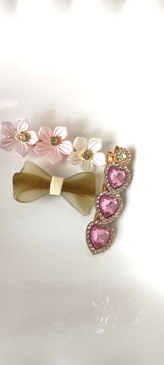 Pastel Blossom, Bow & Pink Heart Gem Hair Clip Set – Romantic Elegance