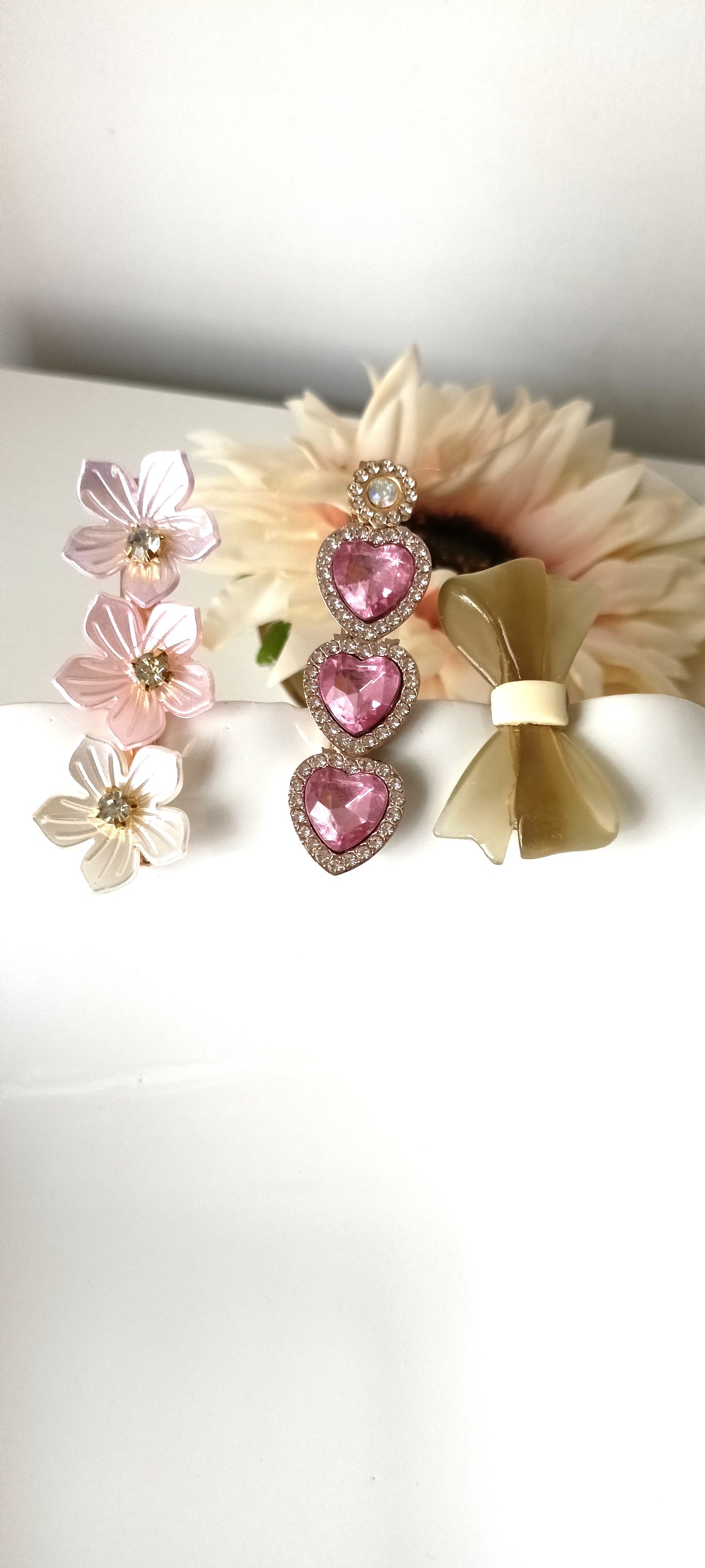 Pastel Blossom, Bow & Pink Heart Gem Hair Clip Set – Romantic Elegance