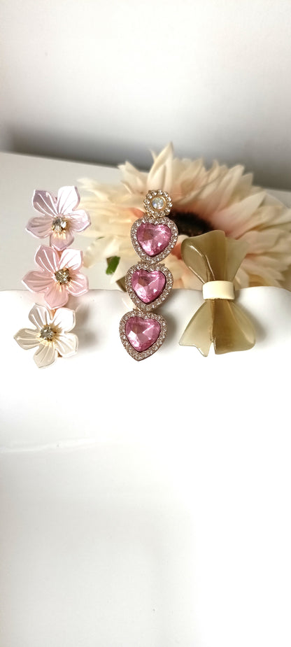 Pastel Blossom, Bow & Pink Heart Gem Hair Clip Set – Romantic Elegance