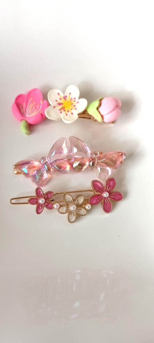Charming Sakura Blossom Pastel Hair Clip – Pink, White & Green
