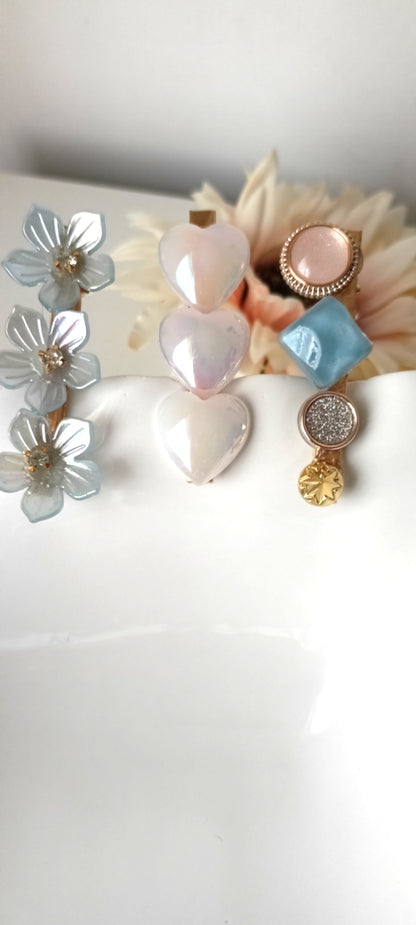 Heart & Crystal Flower Hair Clip Set – Pastel Blue & Pearl