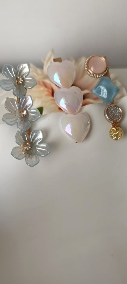 Heart & Crystal Flower Hair Clip Set – Pastel Blue & Pearl