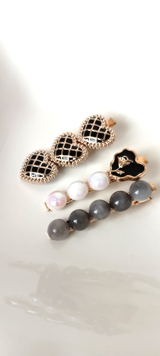 Edgy Grid Heart & Monochrome Bead Hair Clip Set – Black + Grey Statement