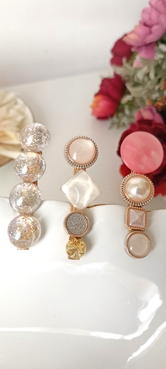 Glitter Bead & Modern Mixed Gem Hair Clip Set – Pink, Pearl & Metallic Sparkle