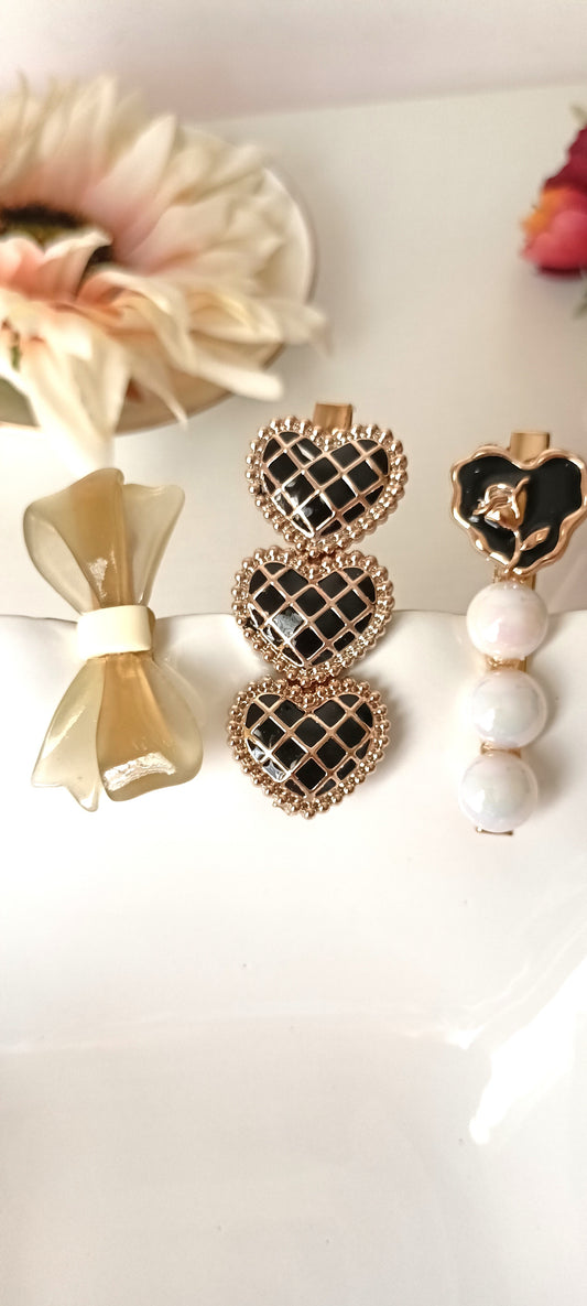Chocolate Bow, Black Grid Heart & Pearl Rose Hair Clip Set – Modern Luxe
