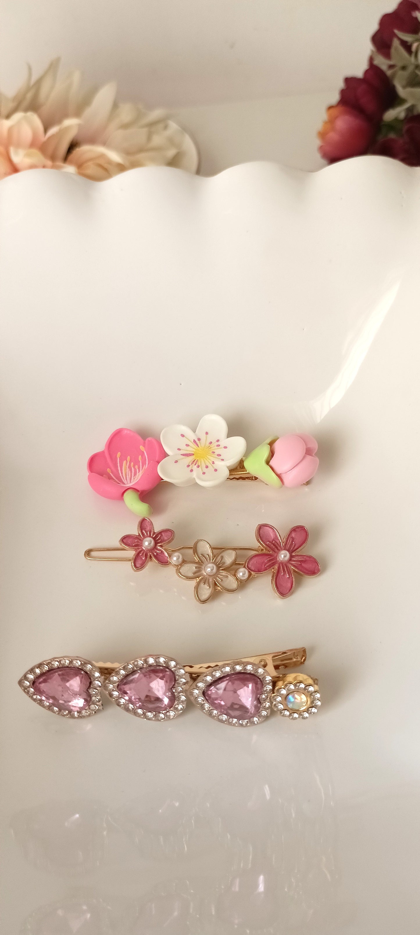 Cherry Blossom & Pink Gem Heart Hair Clip Set – Romantic Garden