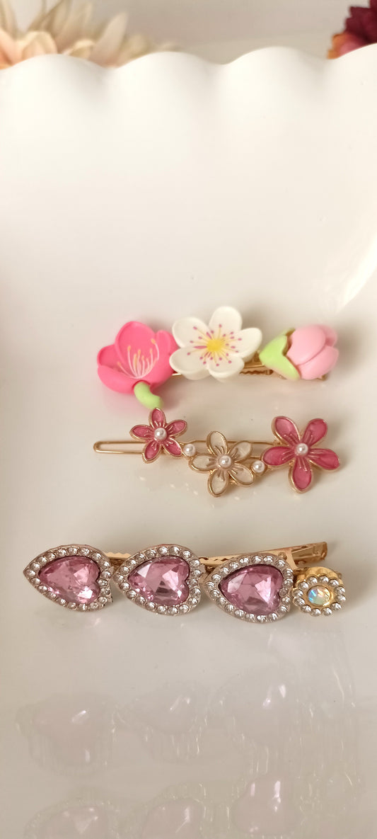 Cherry Blossom & Pink Gem Heart Hair Clip Set – Romantic Garden