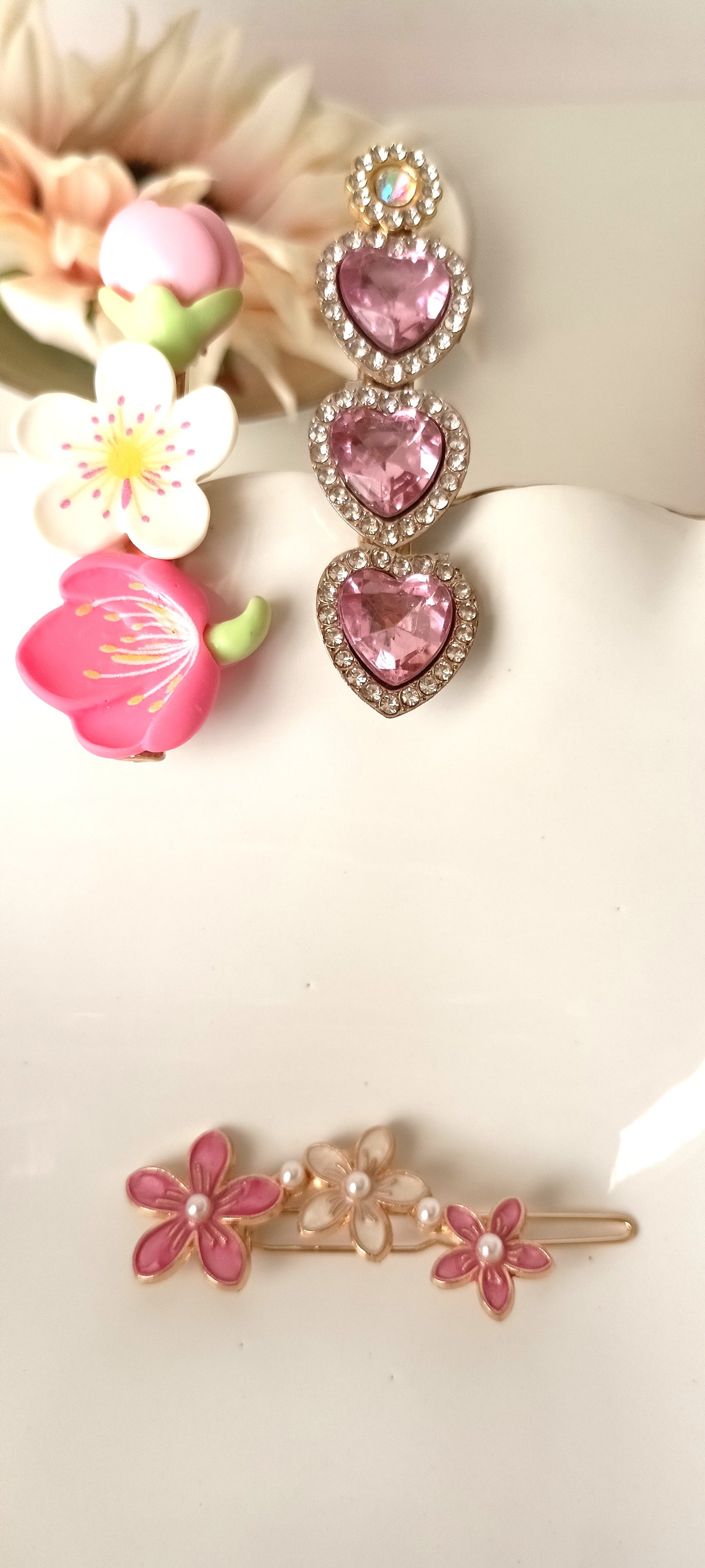 Cherry Blossom & Pink Gem Heart Hair Clip Set – Romantic Garden