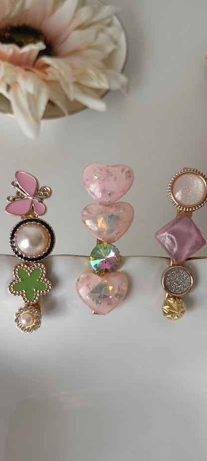Pink Butterfly, Gem Heart & Lucky Clover Hair Clip Set – Whimsical Pastel