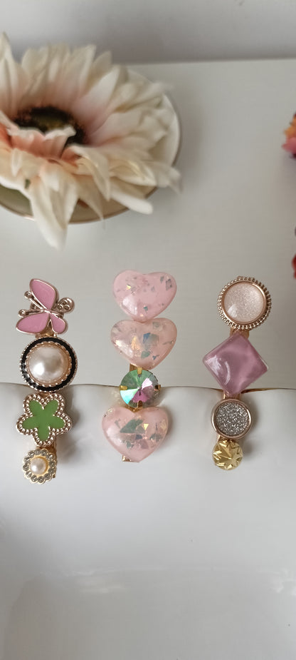 Pink Butterfly, Gem Heart & Lucky Clover Hair Clip Set – Whimsical Pastel