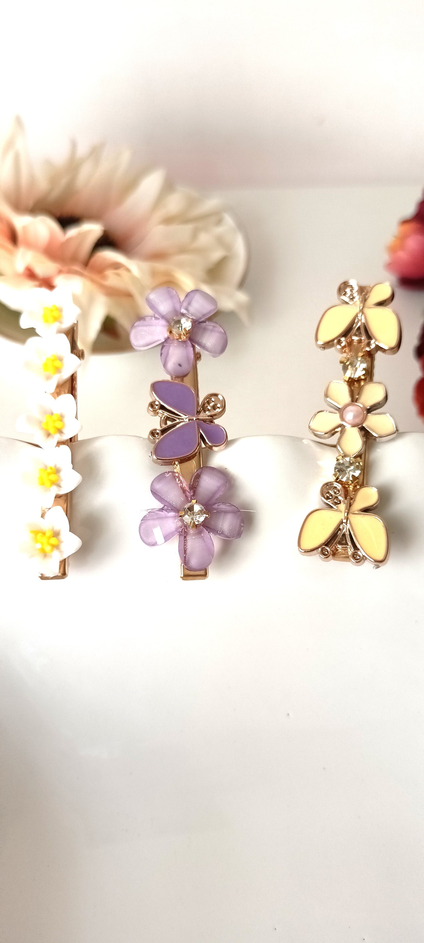 Spring Daisy, Lavender Butterfly & Lemon Blossom Hair Clip Set – Pastel Nature