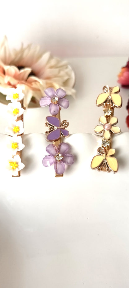 Spring Daisy, Lavender Butterfly & Lemon Blossom Hair Clip Set – Pastel Nature