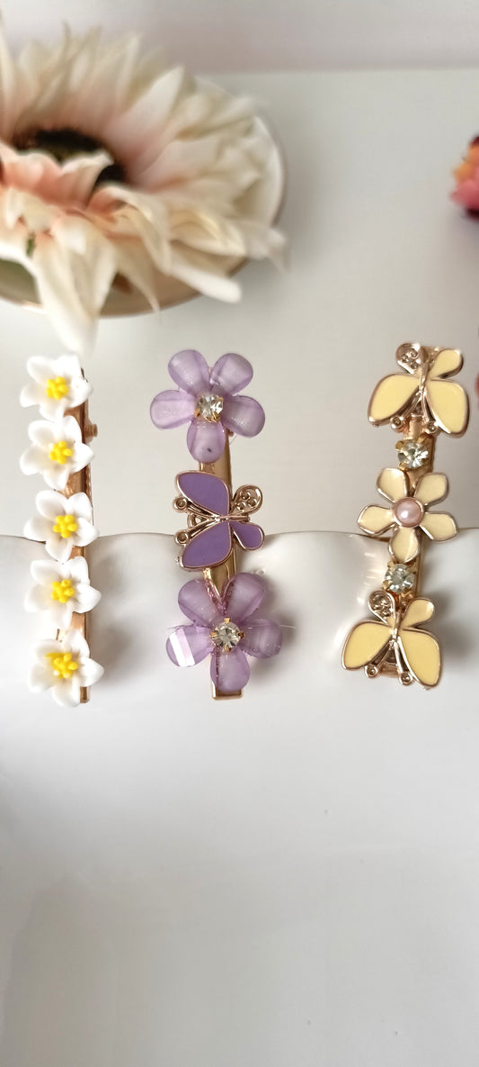 Spring Daisy, Lavender Butterfly & Lemon Blossom Hair Clip Set – Pastel Nature
