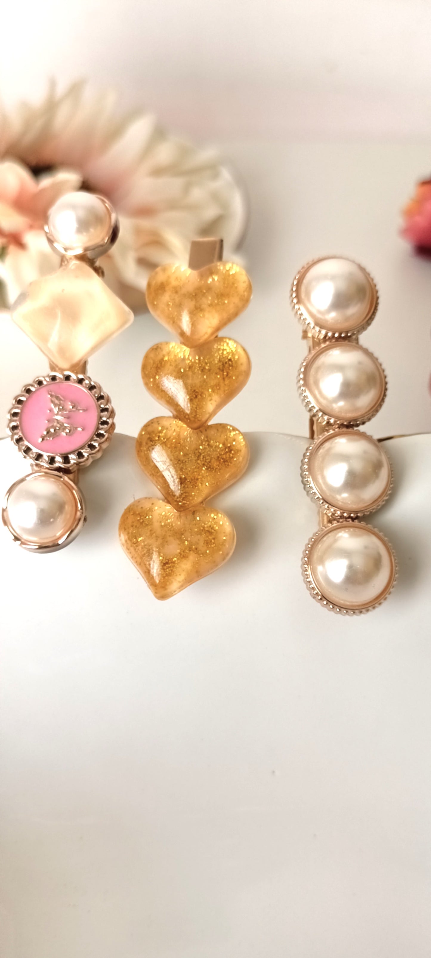Golden Glitter Heart & Pearl Enamel Hair Clip Set – Butterfly Blush Edition