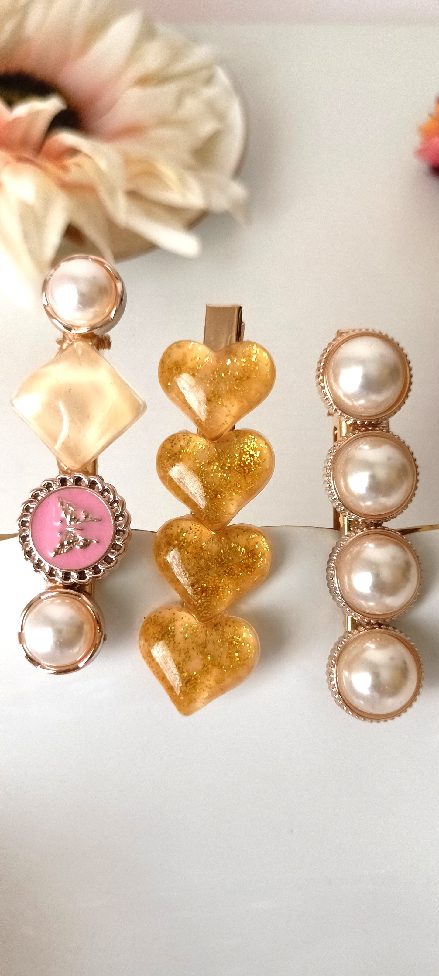 Golden Glitter Heart & Pearl Enamel Hair Clip Set – Butterfly Blush Edition