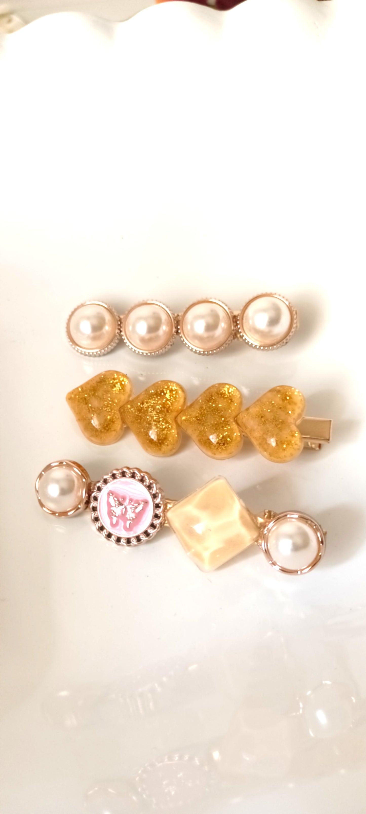 Golden Glitter Heart & Pearl Enamel Hair Clip Set – Butterfly Blush Edition