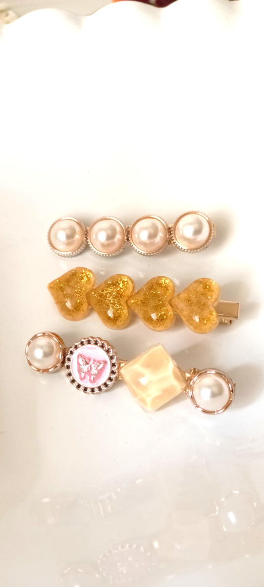 Golden Glitter Heart & Pearl Enamel Hair Clip Set – Butterfly Blush Edition