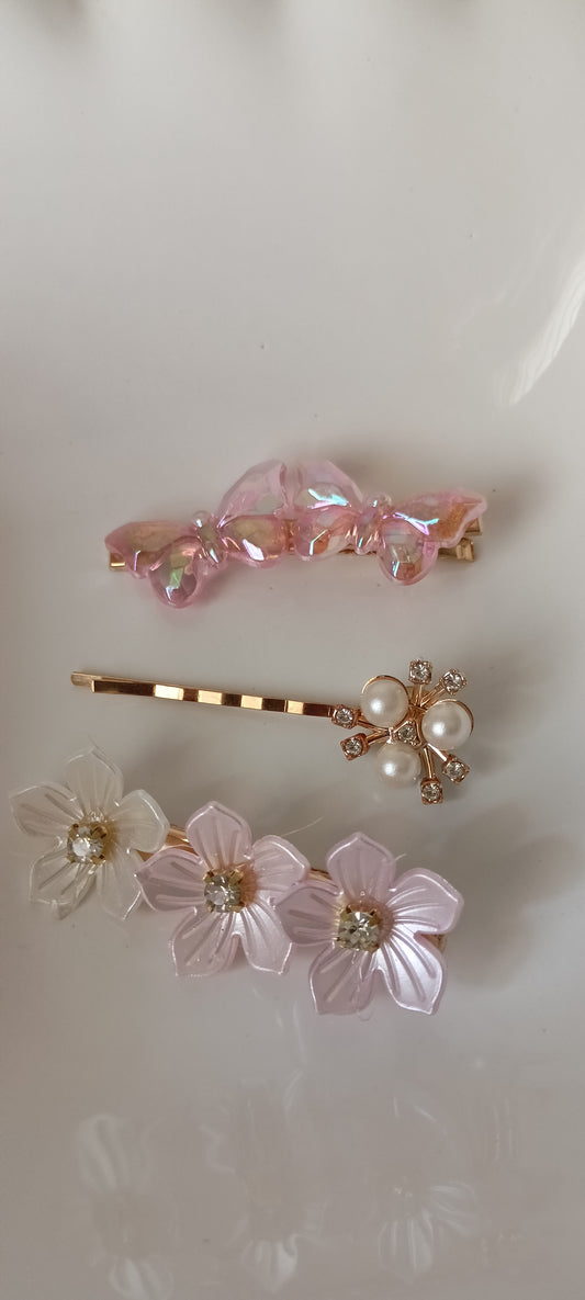 Crystal Butterfly & Blossom Pearl Hair Clip Set – Iridescent Pastel Elegance