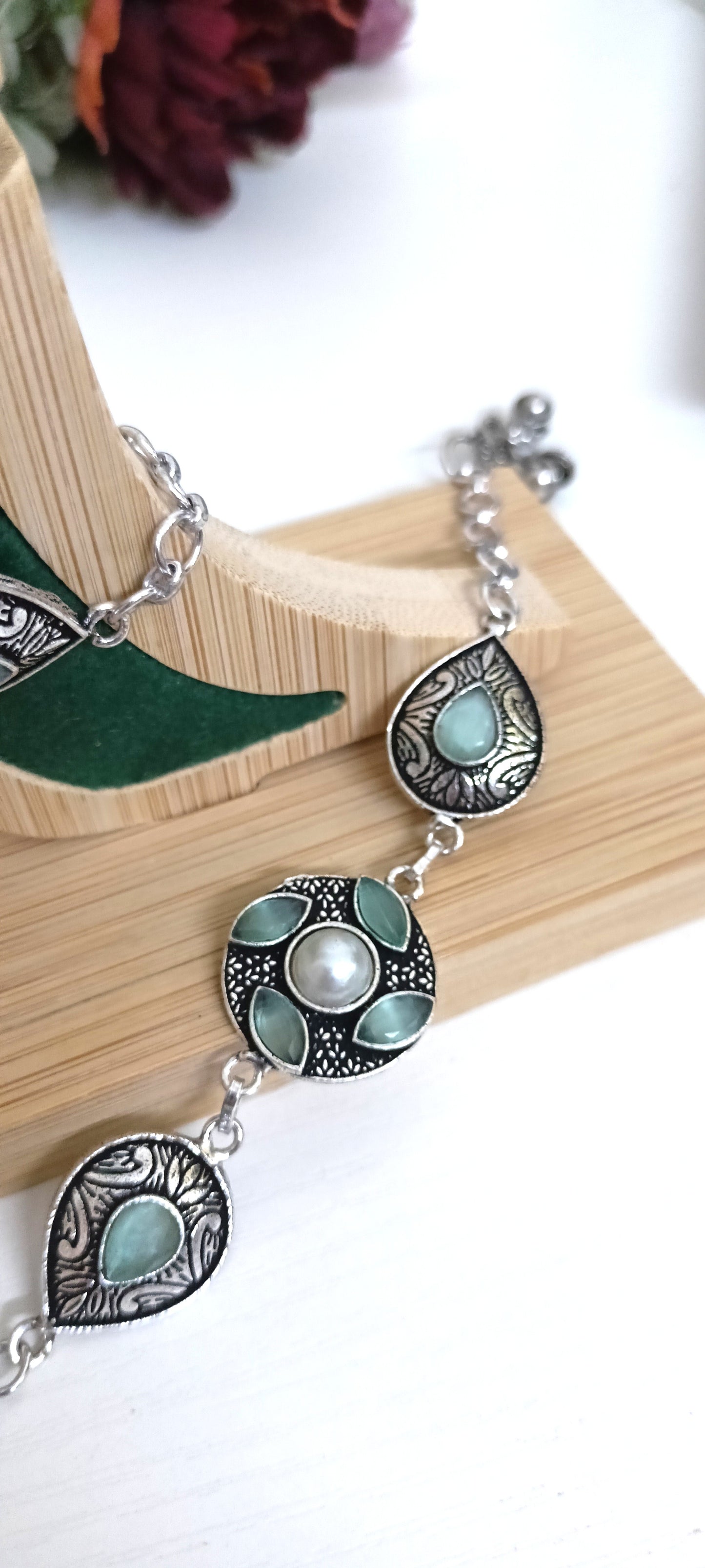 Antique Silver Boho Anklet with Gemstone Drops & Pearl Accents