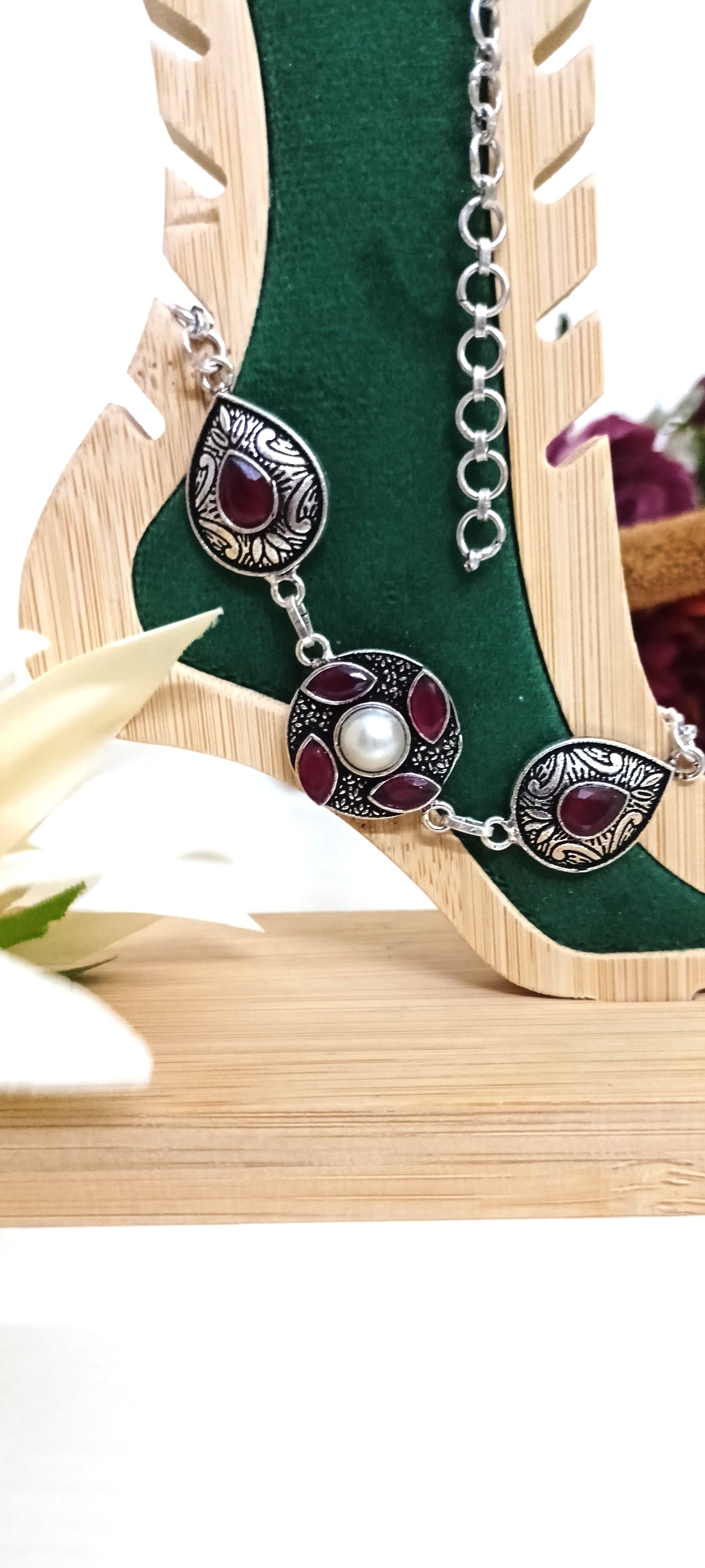 Antique Silver Boho Anklet with Gemstone Drops & Pearl Accents