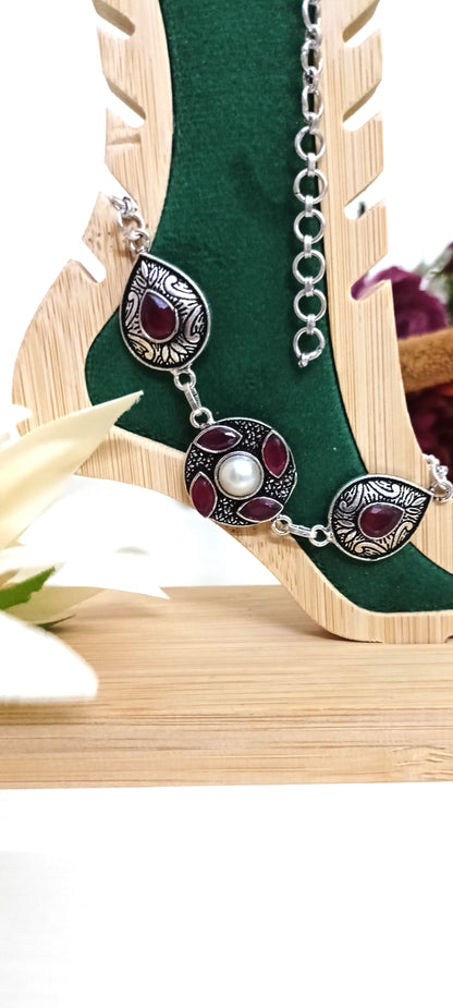 Antique Silver Boho Anklet with Gemstone Drops & Pearl Accents
