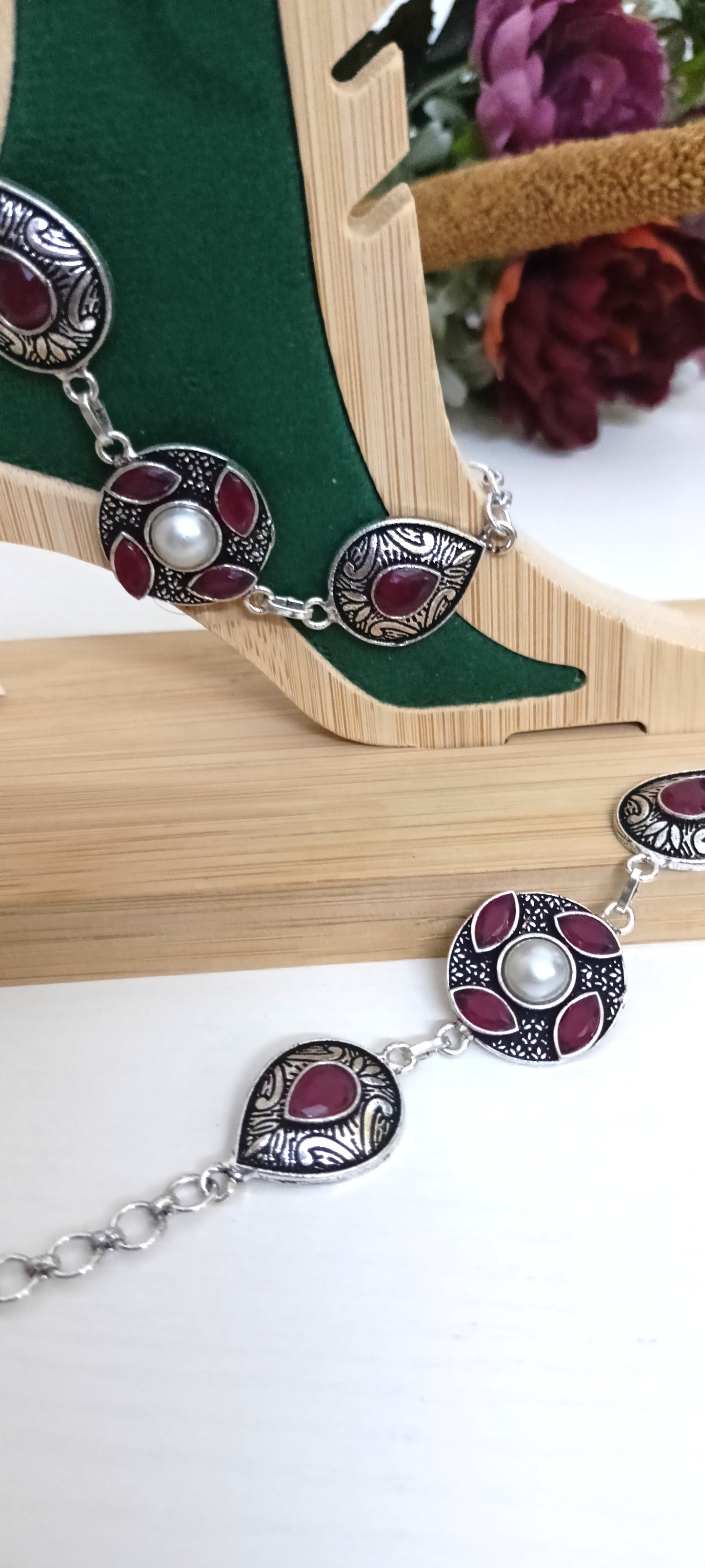 Antique Silver Boho Anklet with Gemstone Drops & Pearl Accents