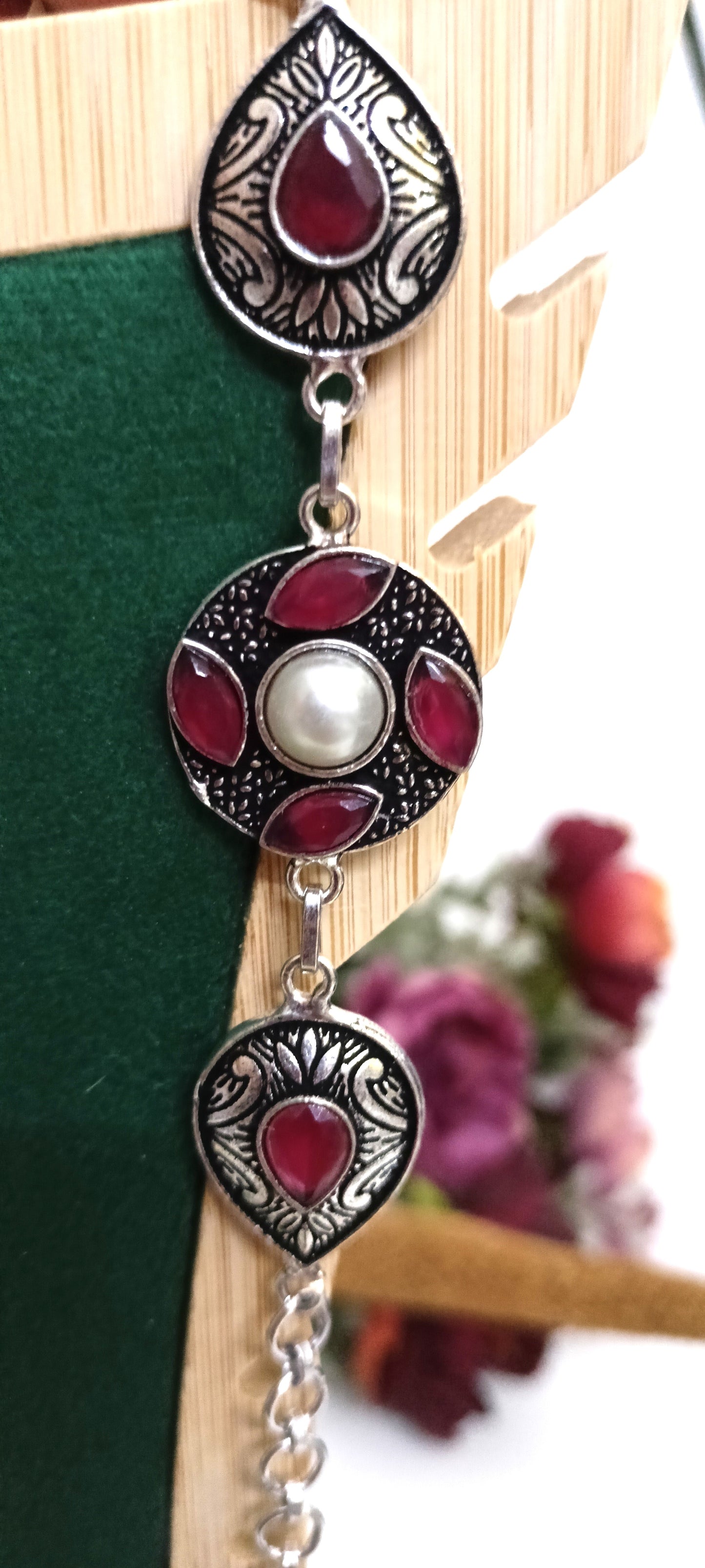 Antique Silver Boho Anklet with Gemstone Drops & Pearl Accents