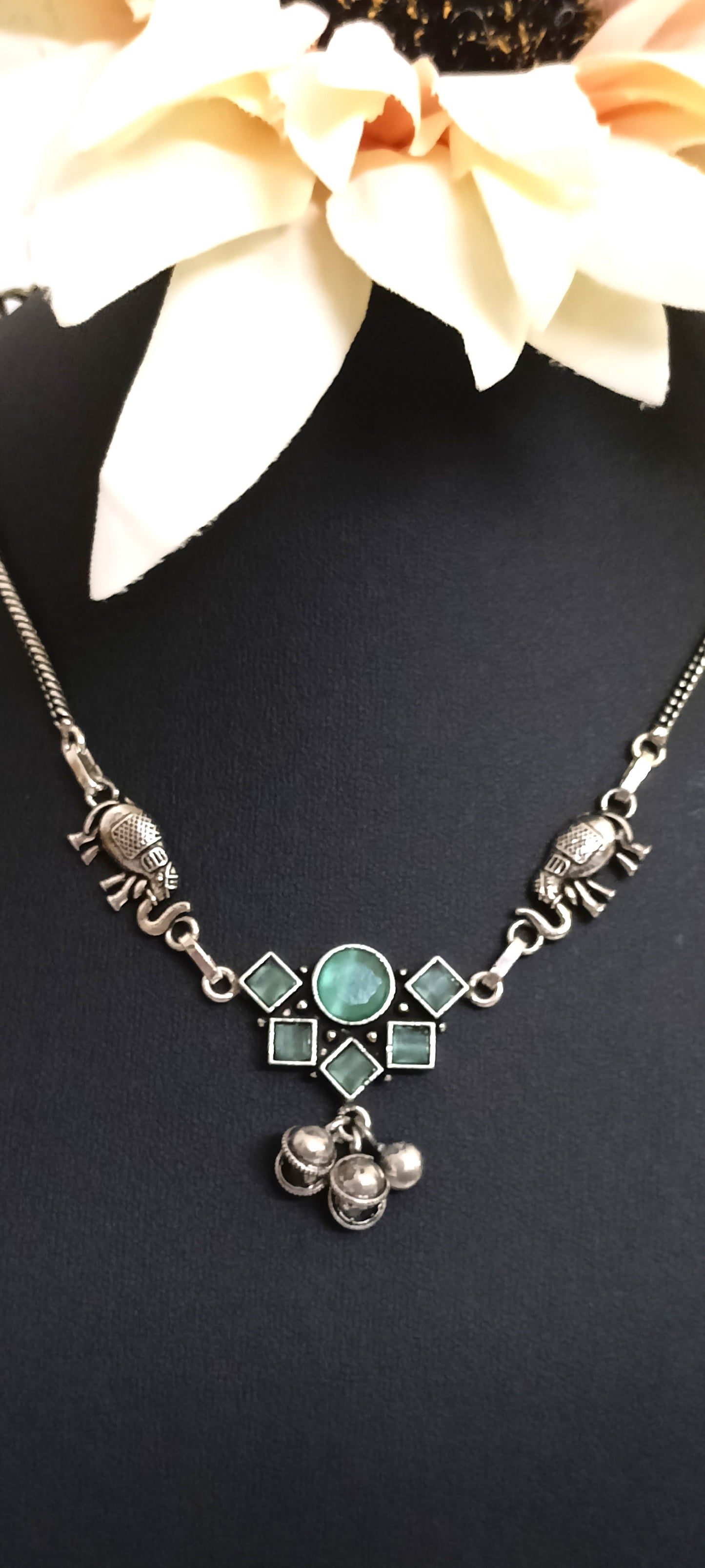 Oxidised Silver Elephant & Green Stone Necklace – Contemporary Ethnic Design