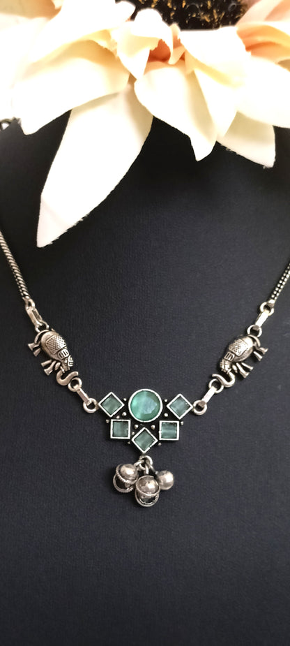 Oxidised Silver Elephant & Green Stone Necklace – Contemporary Ethnic Design