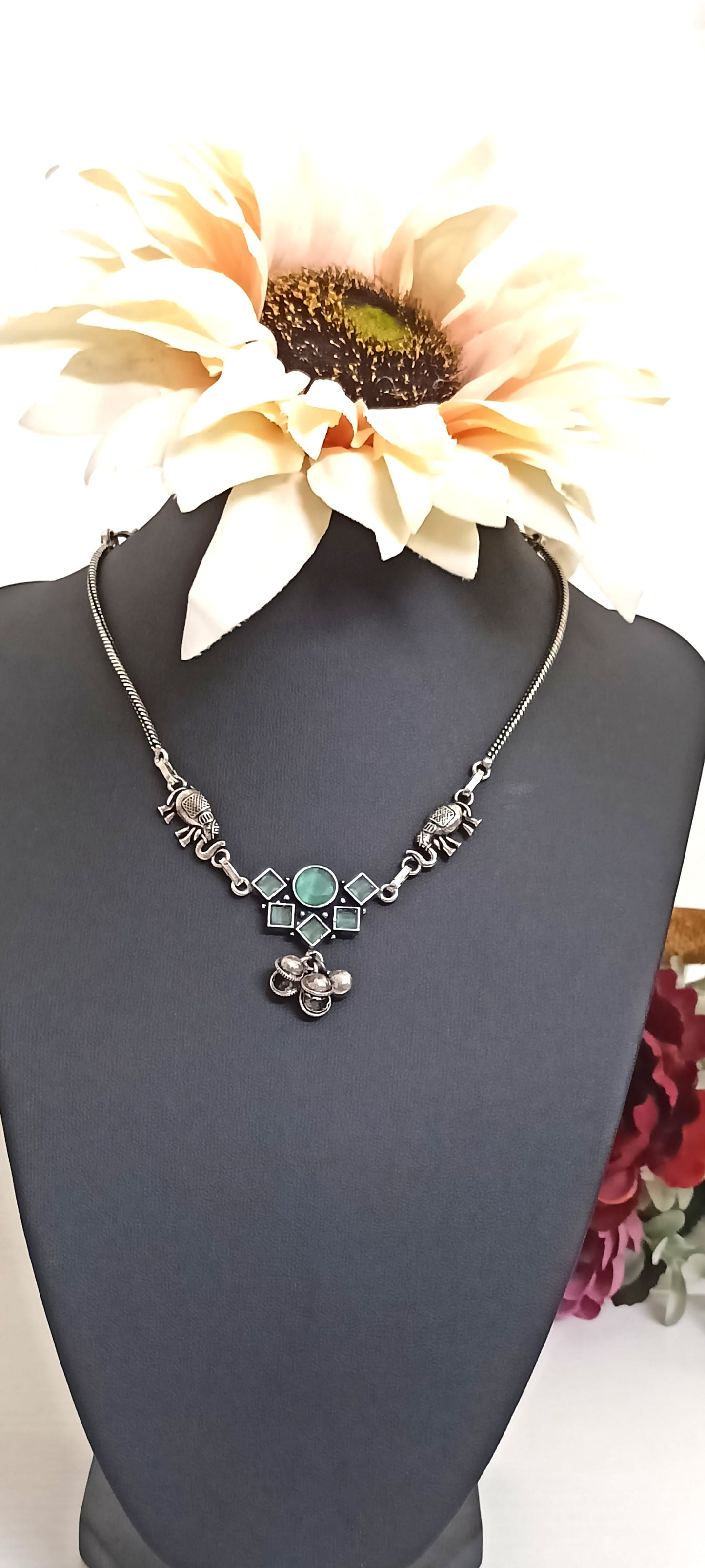 Oxidised Silver Elephant & Green Stone Necklace – Contemporary Ethnic Design