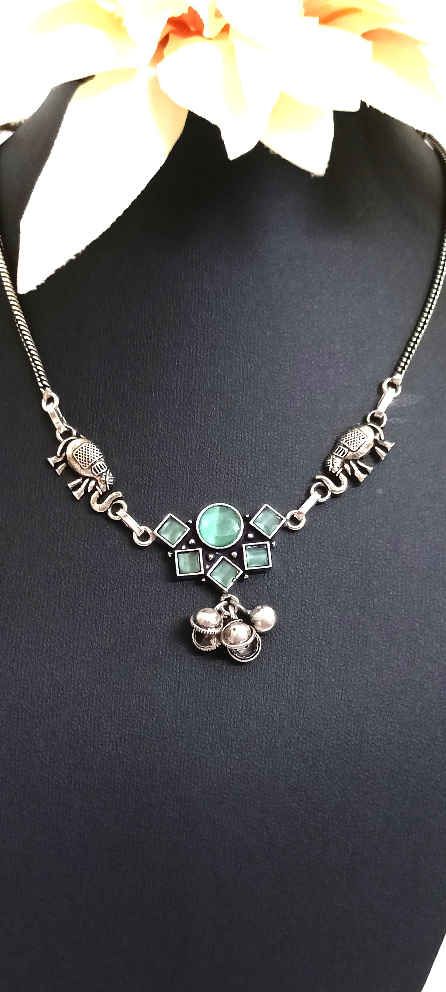 Oxidised Silver Elephant & Green Stone Necklace – Contemporary Ethnic Design