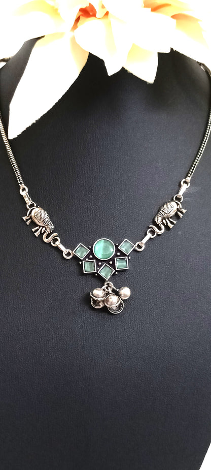 Oxidised Silver Elephant & Green Stone Necklace – Contemporary Ethnic Design