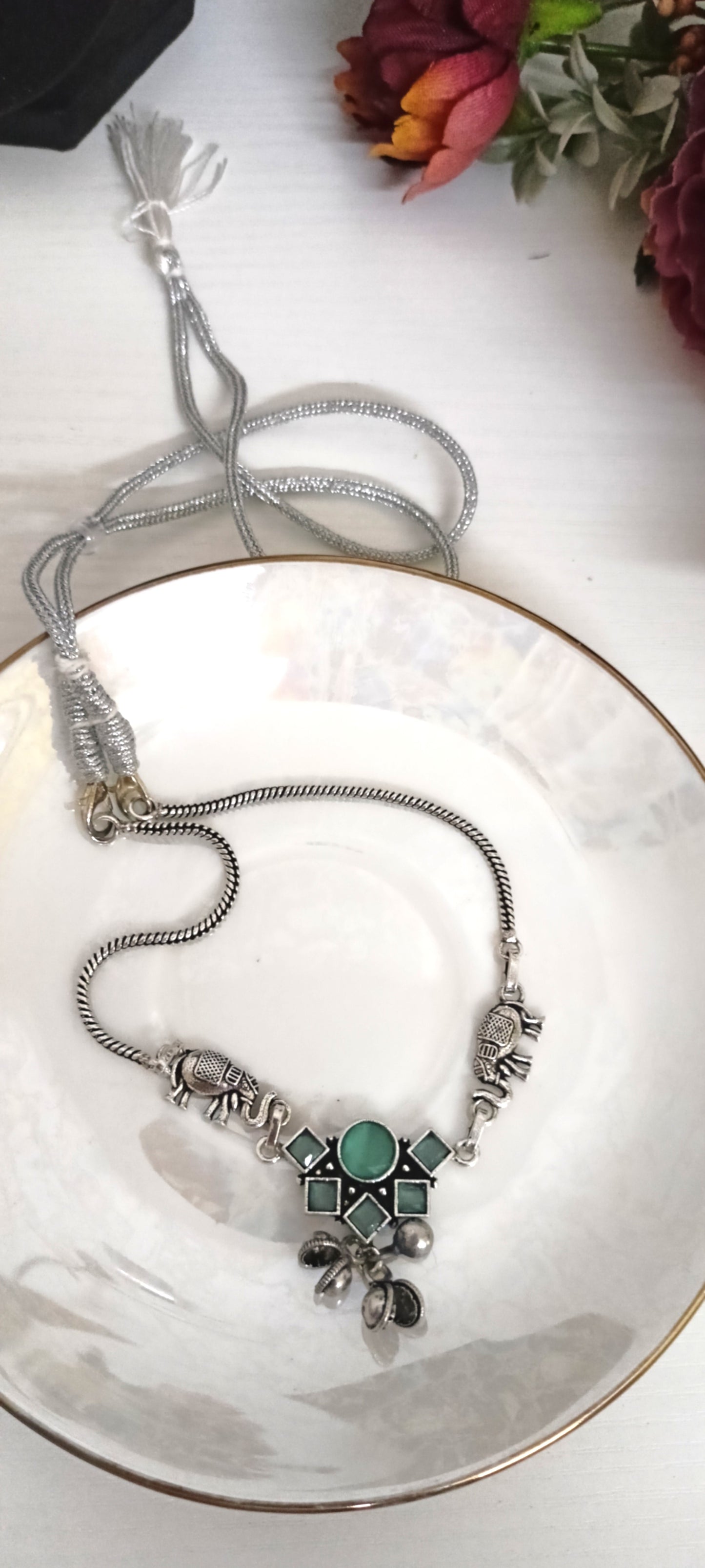 Oxidised Silver Elephant & Green Stone Necklace – Contemporary Ethnic Design