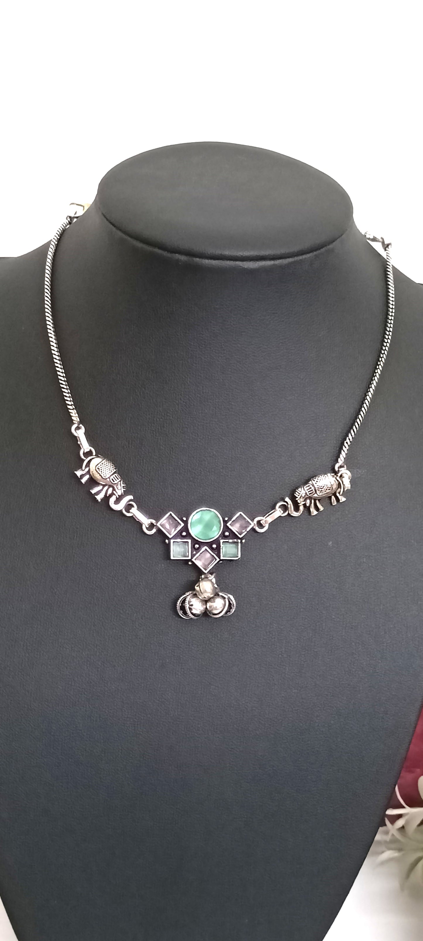Oxidised Silver Elephant & Green Stone Necklace – Contemporary Ethnic Design