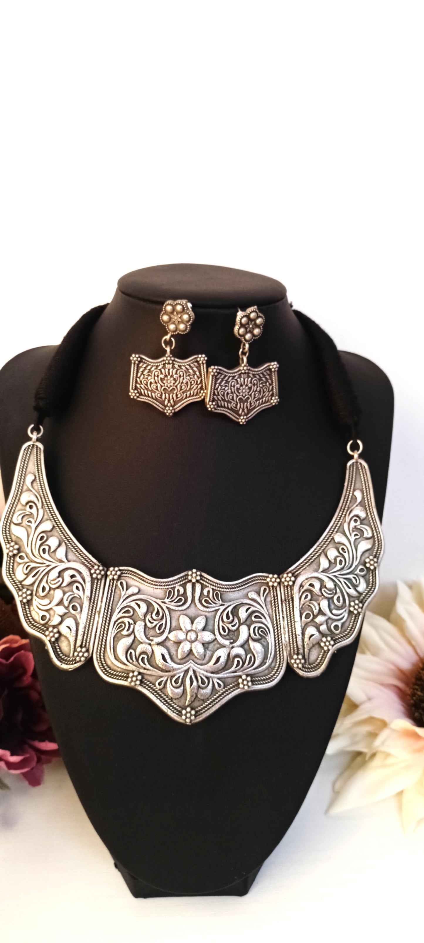 Oxidised Silver Statement Choker Necklace Set – Geometric Floral Panel Design