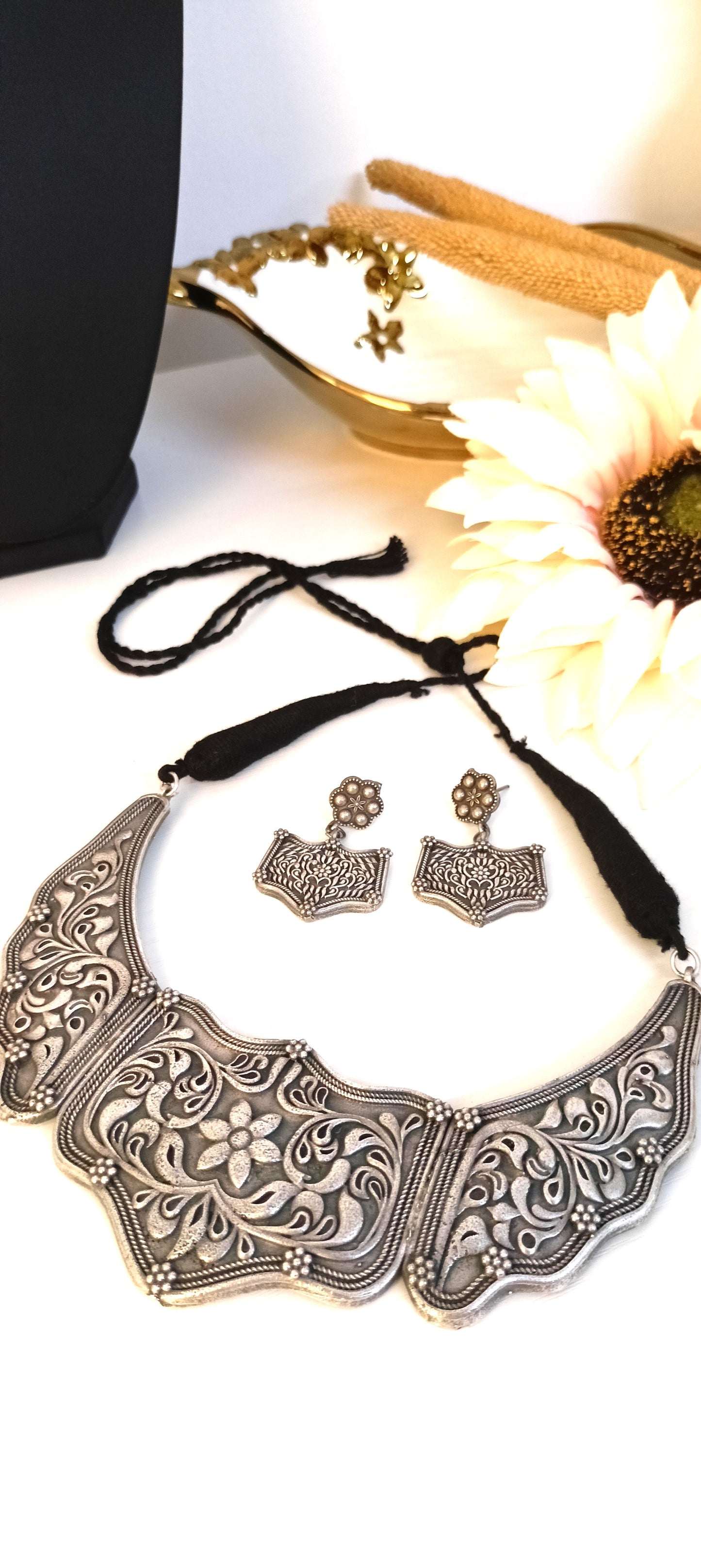 Oxidised Silver Statement Choker Necklace Set – Geometric Floral Panel Design