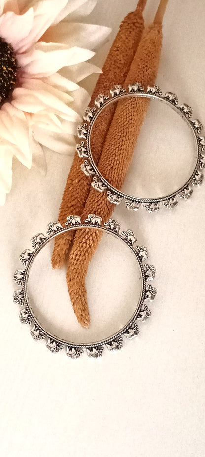 Oxidized Silver Elephant Motif Bangles – Traditional Indian Kada (Set of 2)