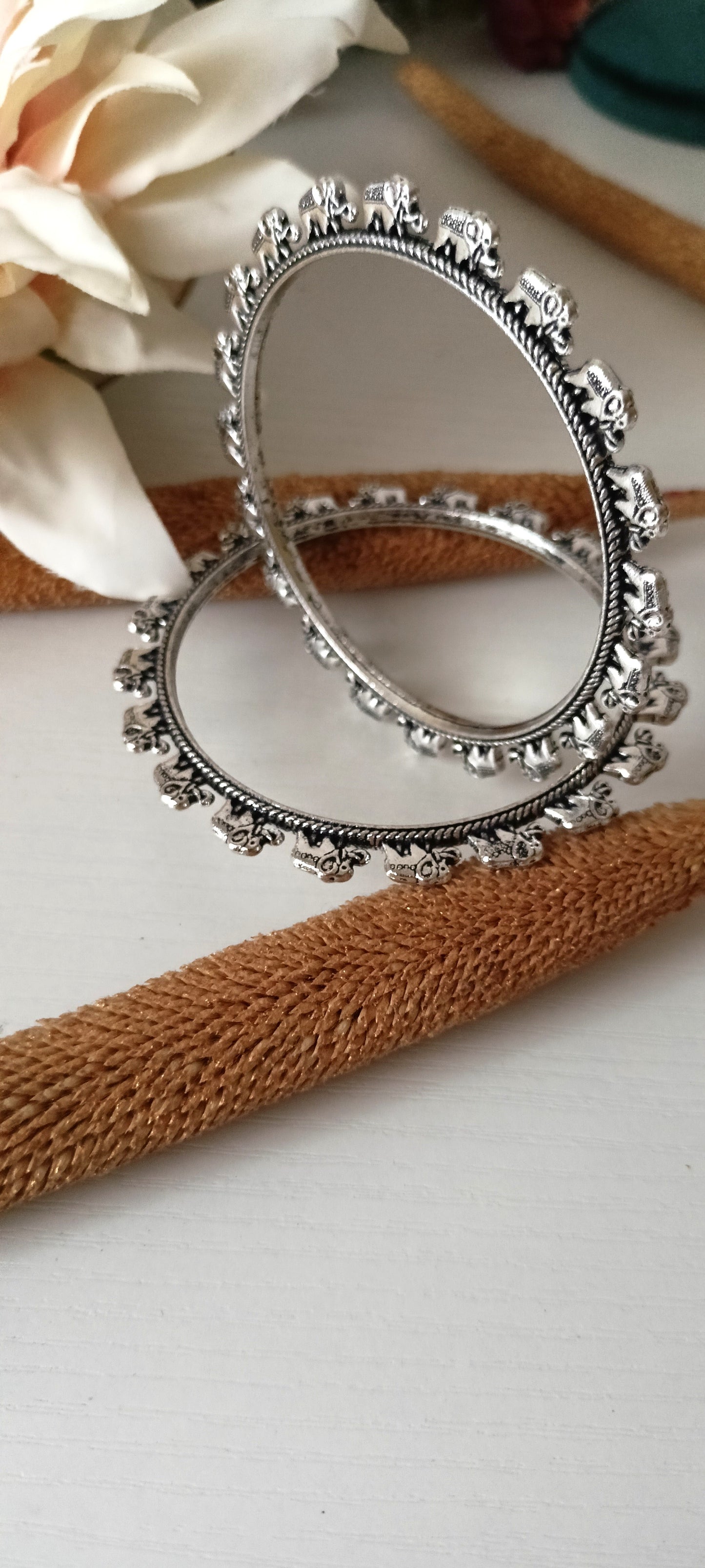 Oxidized Silver Elephant Motif Bangles – Traditional Indian Kada (Set of 2)