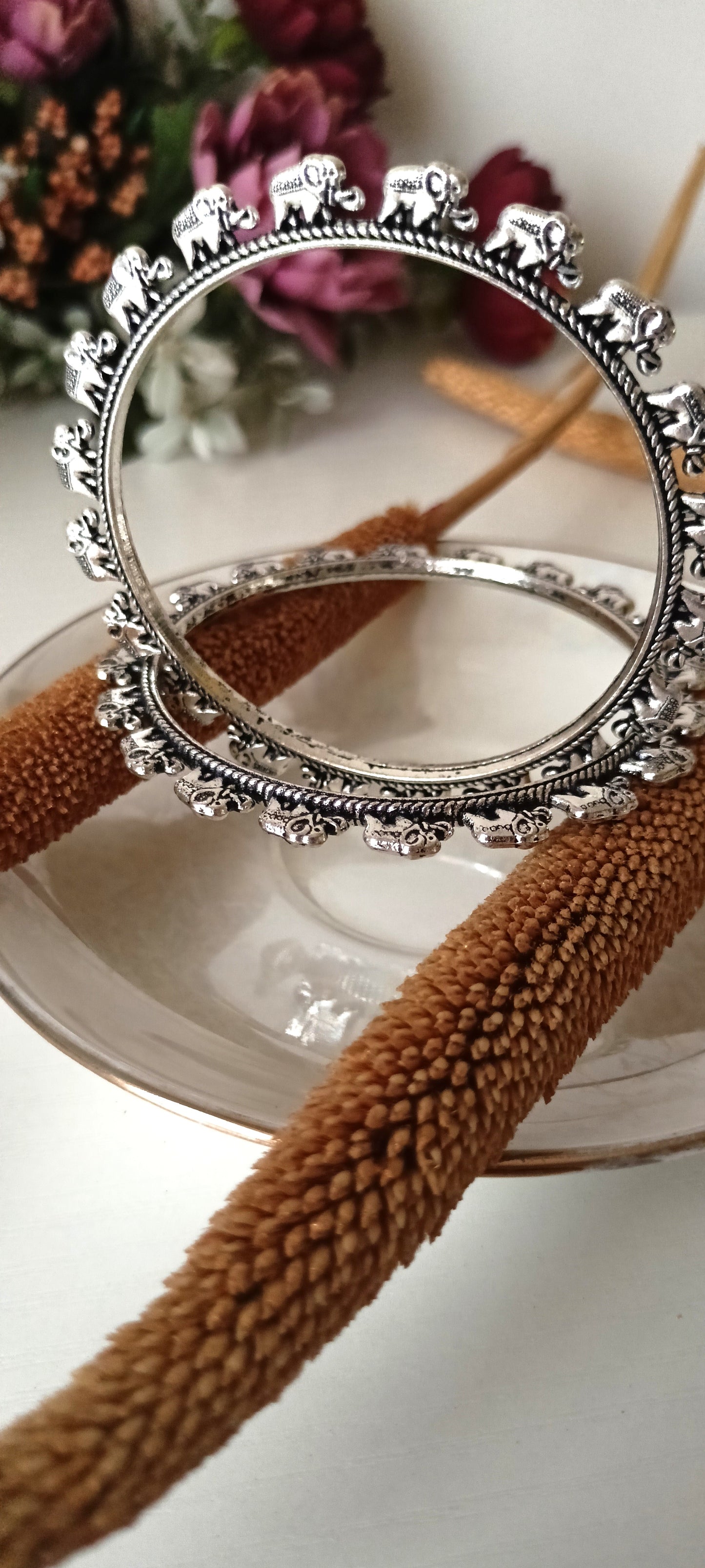 Oxidized Silver Elephant Motif Bangles – Traditional Indian Kada (Set of 2)