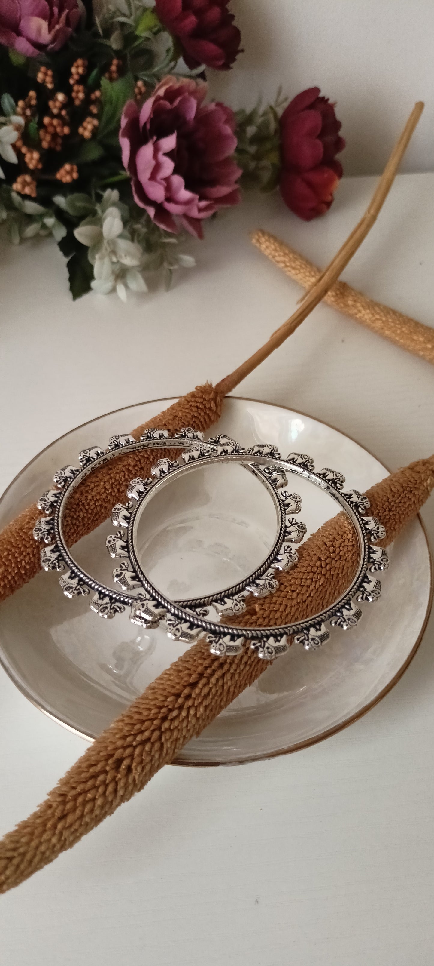 Oxidized Silver Elephant Motif Bangles – Traditional Indian Kada (Set of 2)