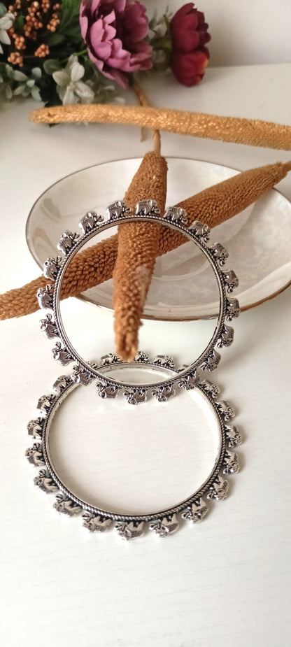 Oxidized Silver Elephant Motif Bangles – Traditional Indian Kada (Set of 2)