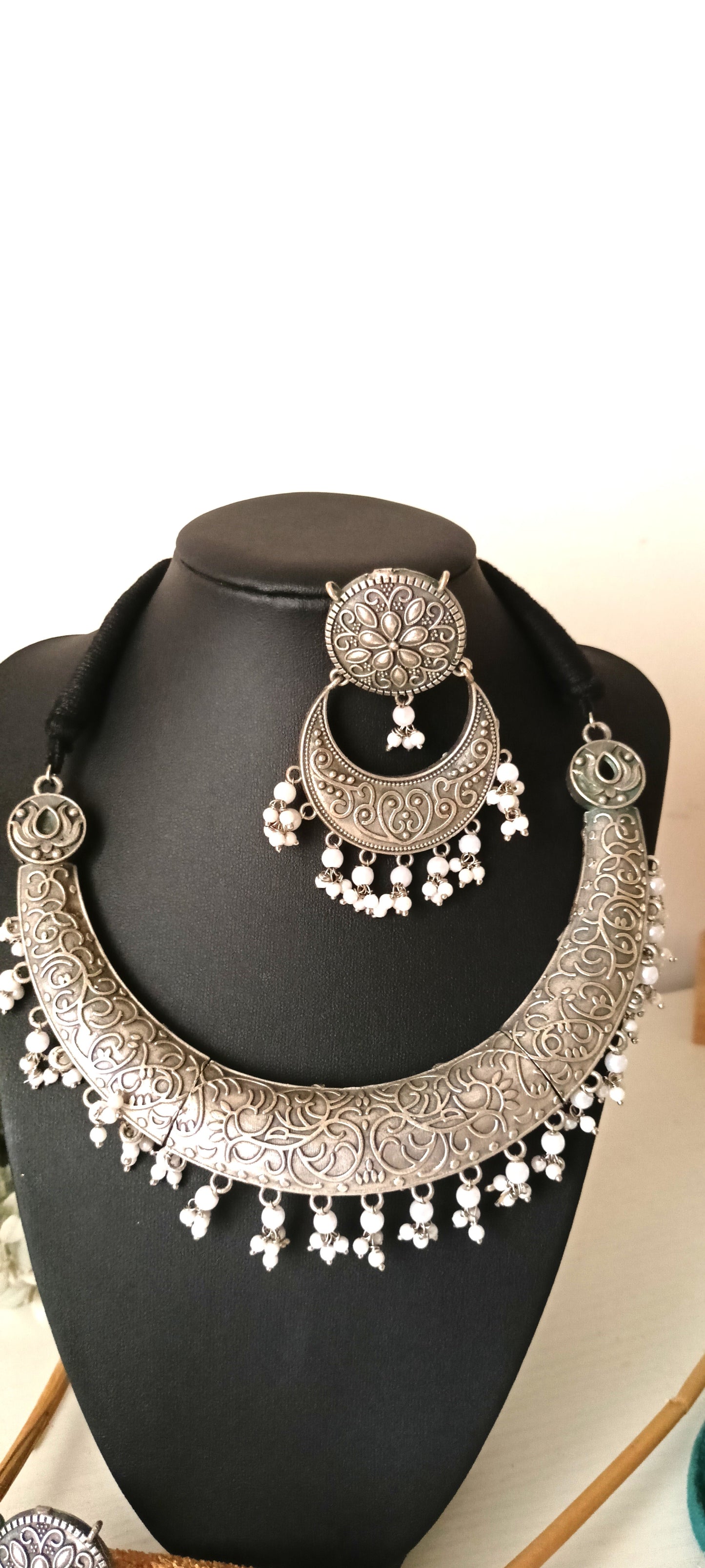 Oxidised Silver Floral Crescent Necklace Set with White Beads