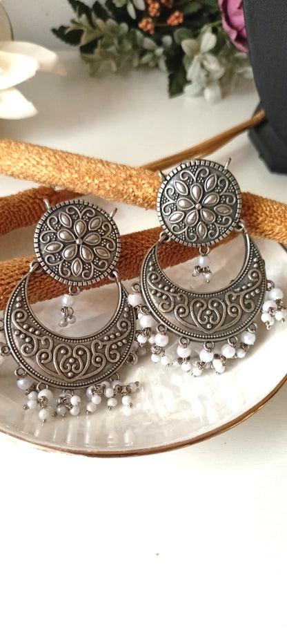 Oxidised Silver Floral Crescent Necklace Set with White Beads