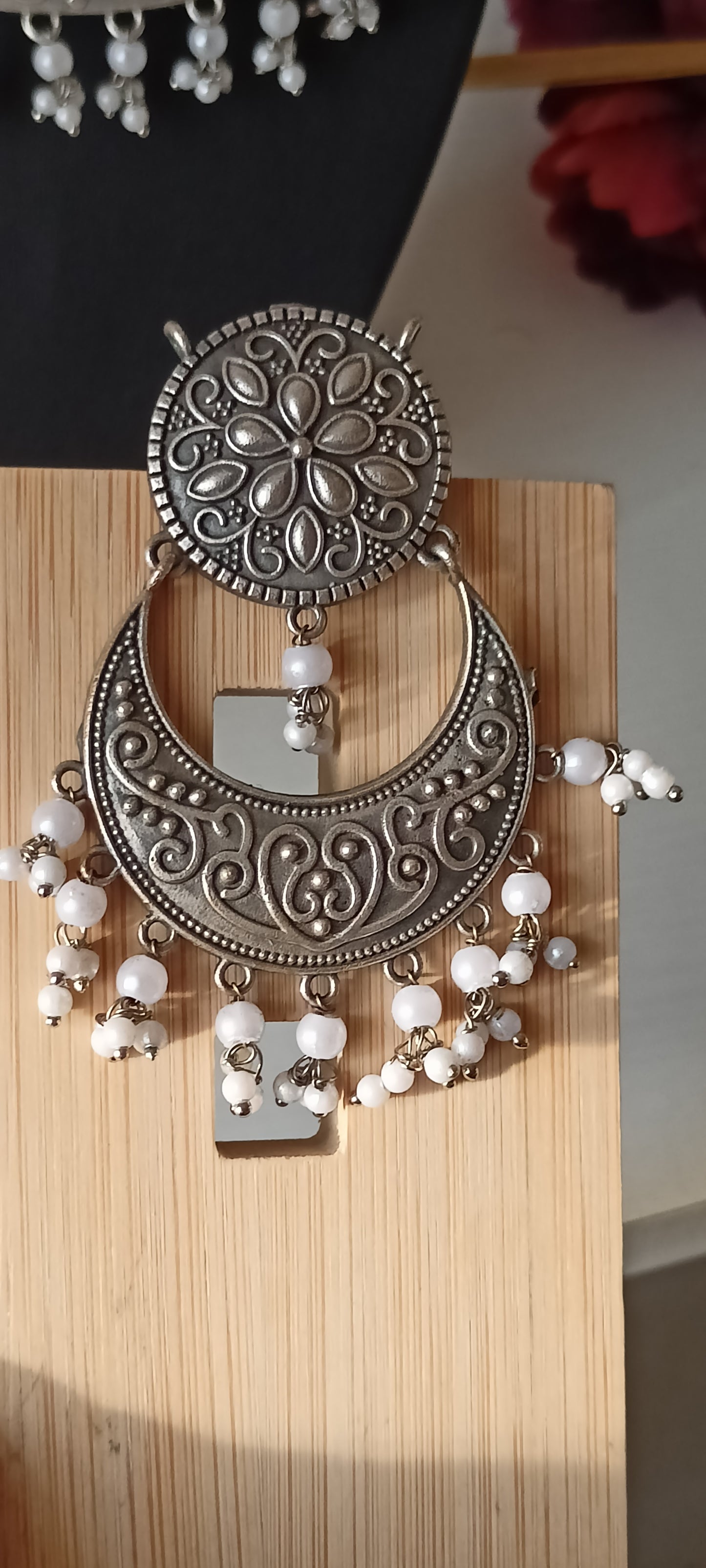 Oxidised Silver Floral Crescent Necklace Set with White Beads