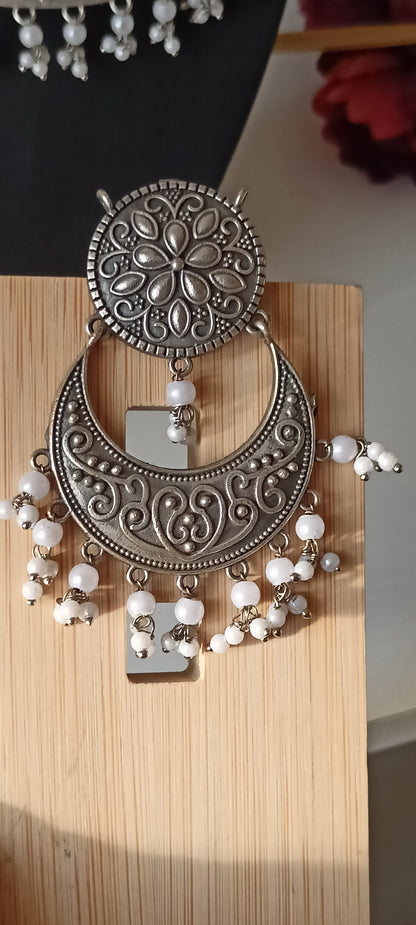 Oxidised Silver Floral Crescent Necklace Set with White Beads