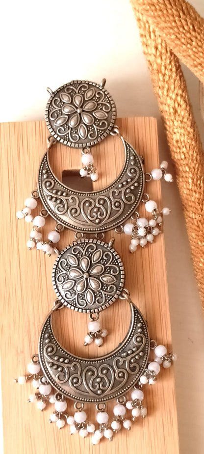 Oxidised Silver Floral Crescent Necklace Set with White Beads